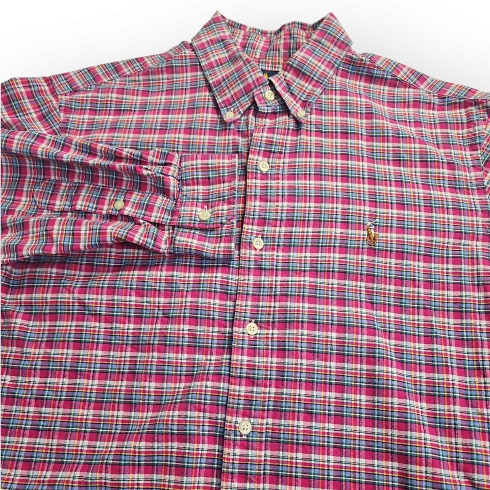 Ralph Lauren Large Pink Blue Plaid Long Sleeve Shirt Flesh Pony Embroidered Logo